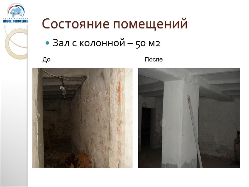 Состояние помещений Зал с колонной – 50 м2 До После